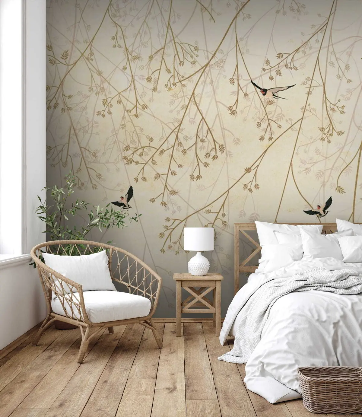 murales de pared Golondrinas entre las ramas en delicados tonos de estilo oriental u79623