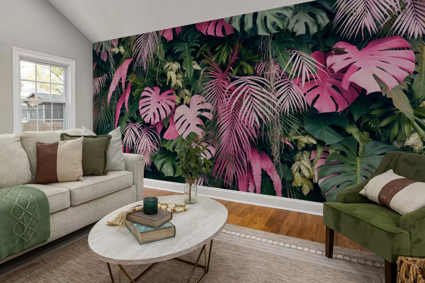murales de pared Follaje verde y rosa u79682
