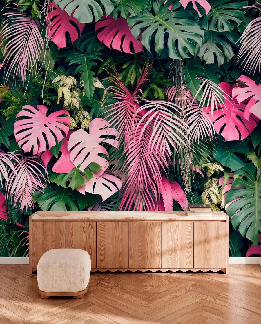 murales de pared Follaje verde y rosa u79682
