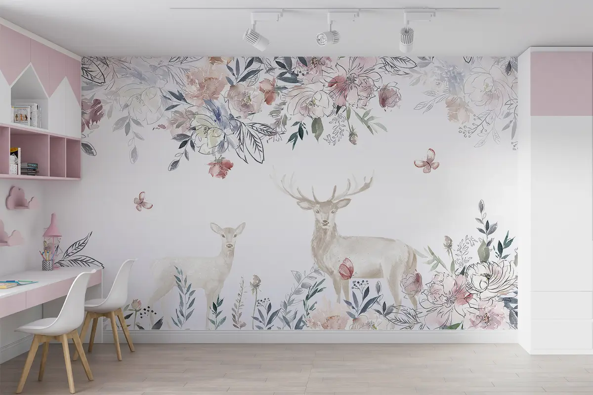 murales de pared Ciervo con flores en el vivero u06160