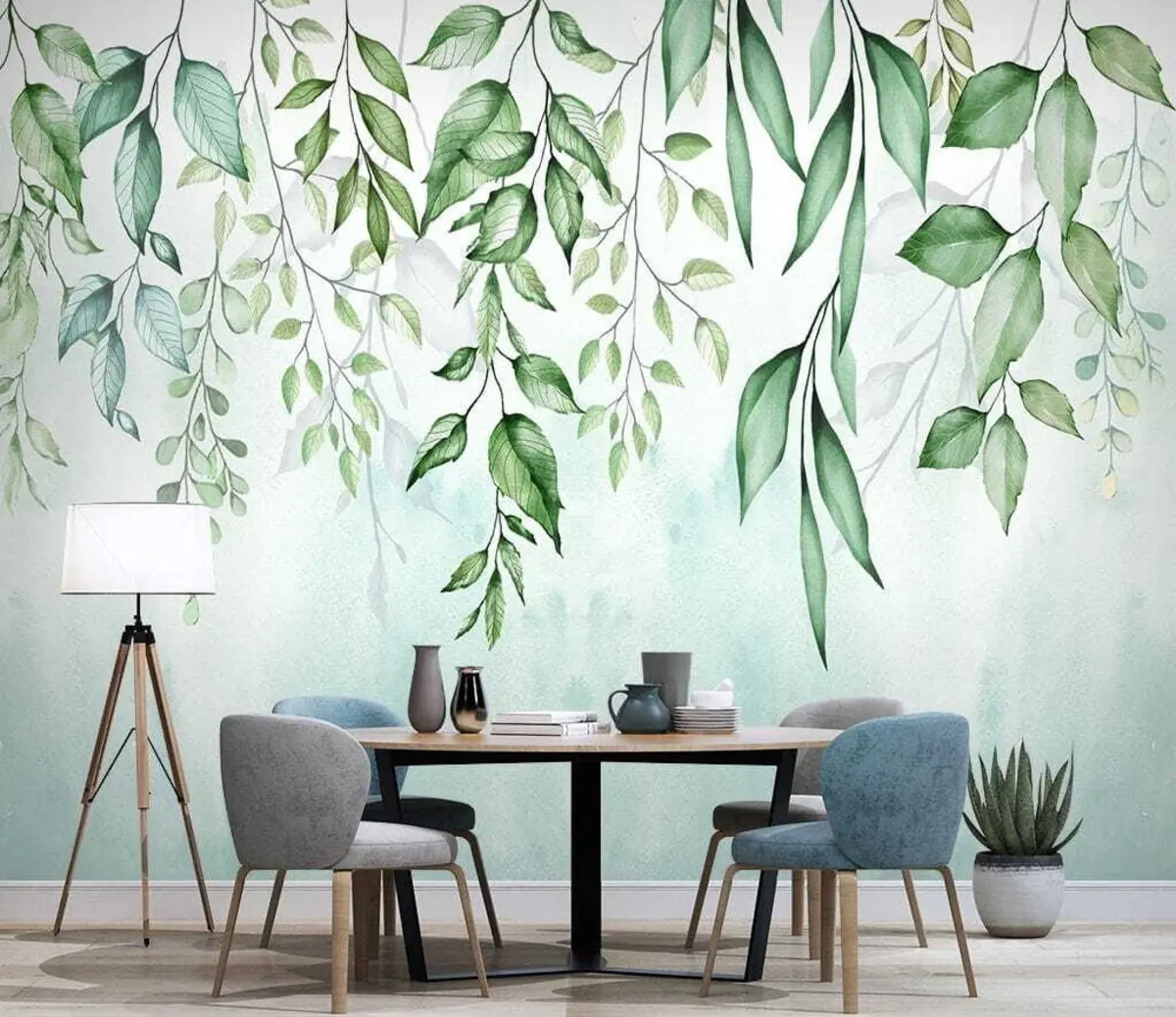 murales de pared Hojas de color verde claro en acuarela u08700