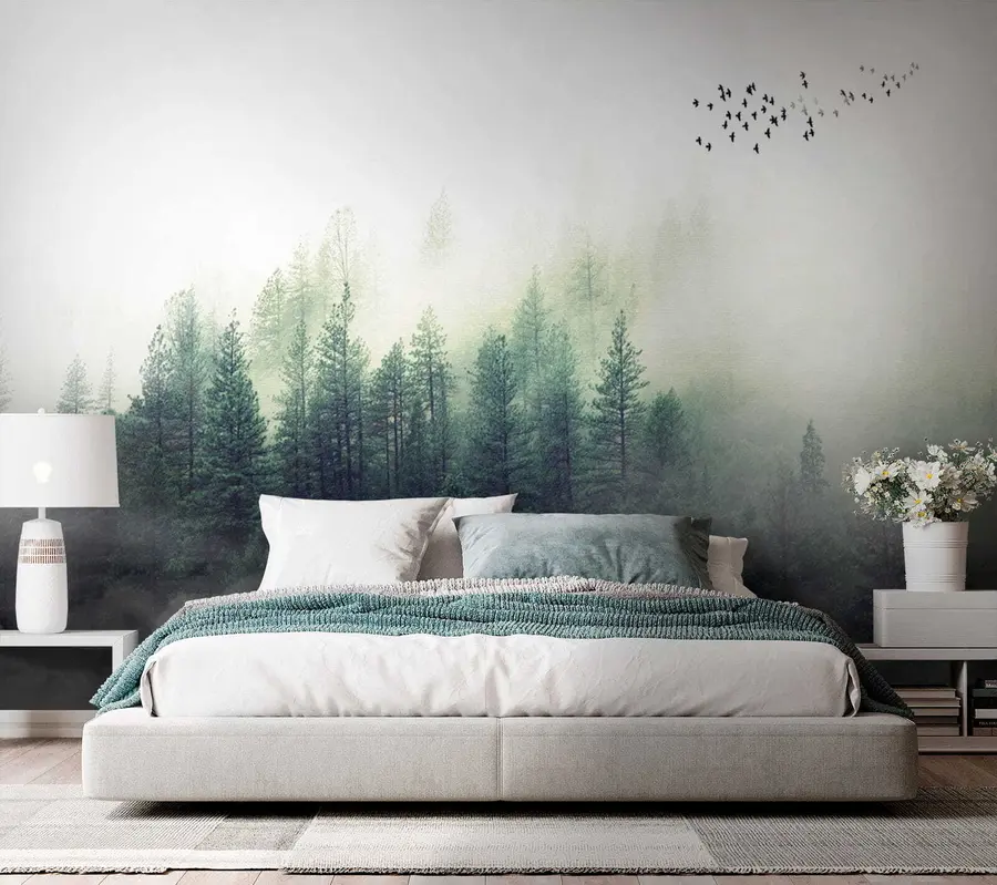 murales de pared Bosque y pájaros en la niebla u10882
