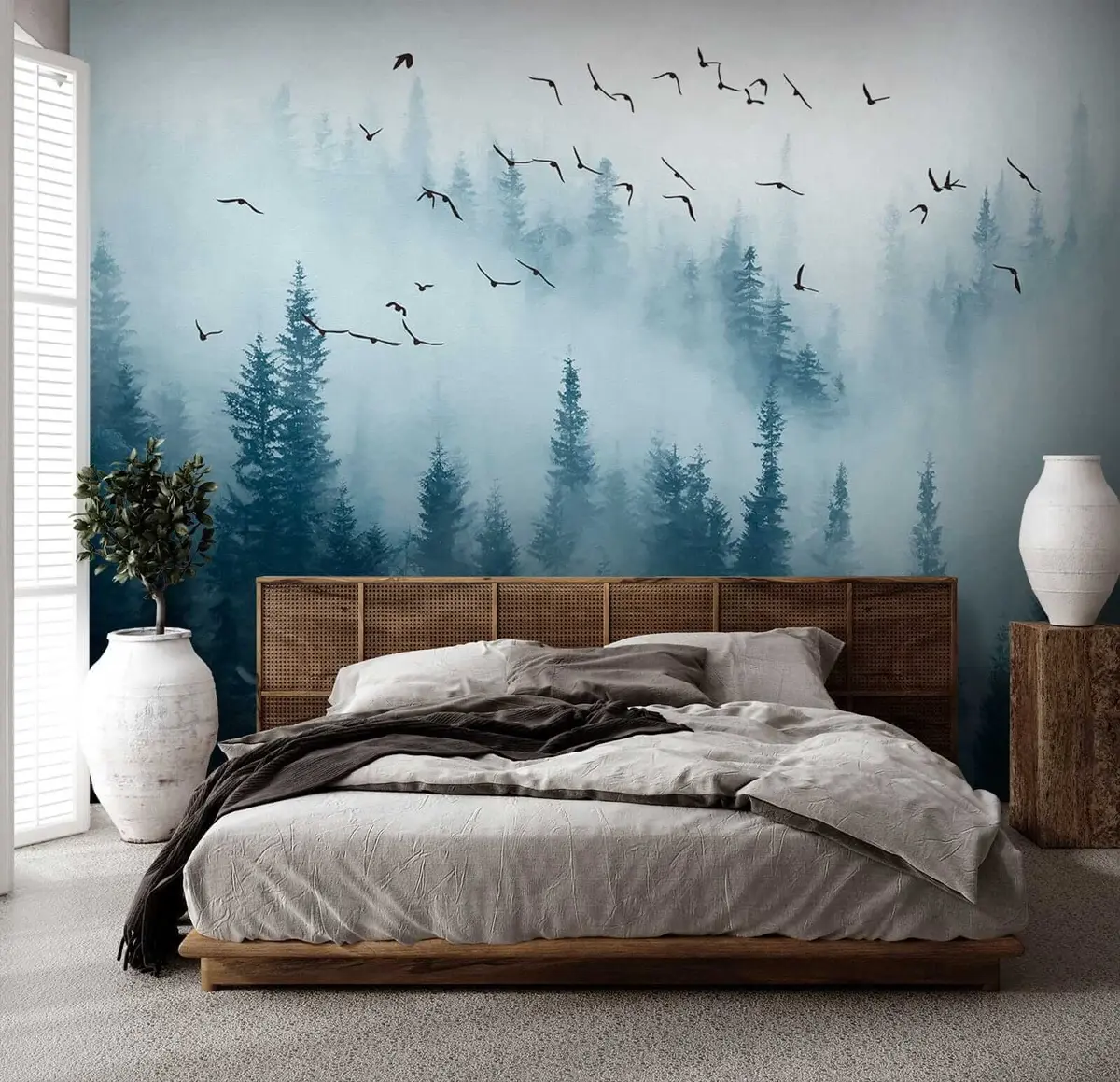 murales de pared Bosque en niebla y pájaros u22288