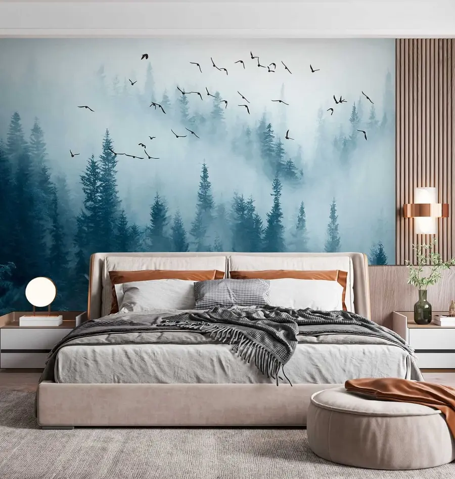 murales de pared Bosque en niebla y pájaros u22288