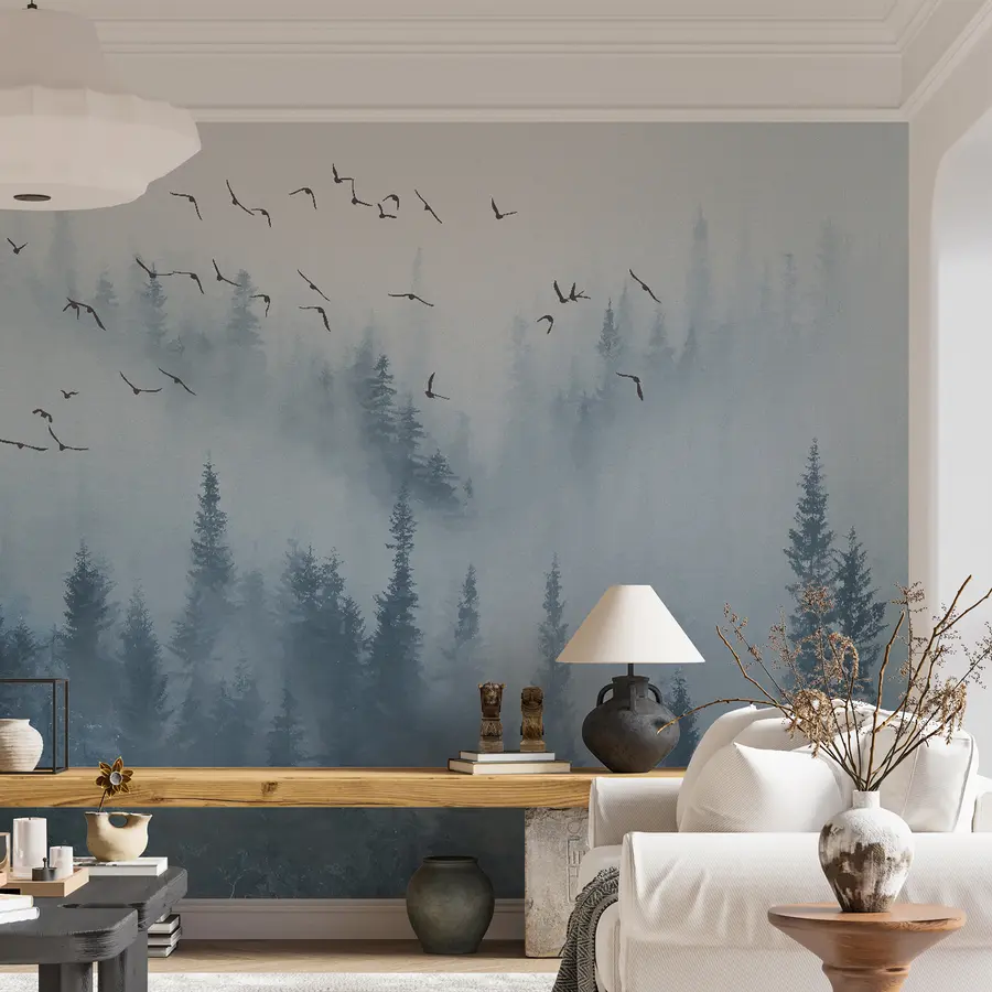 murales de pared Bosque en niebla y pájaros u22288