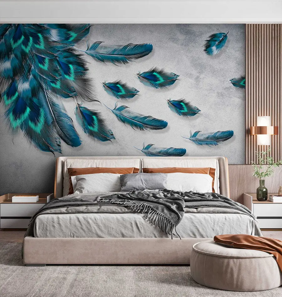 murales de pared Plumas de pavo real en el fondo de la pared de hormigón u29836