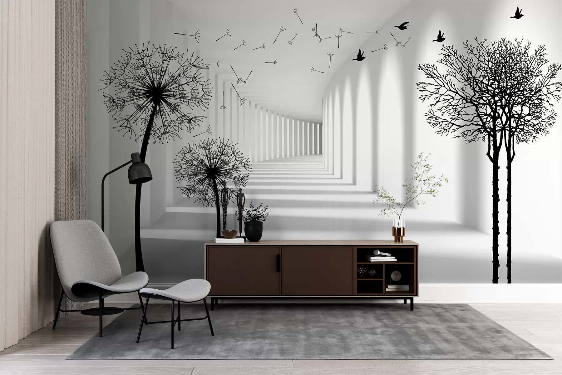 murales de pared Túnel 3d y dientes de león u37803