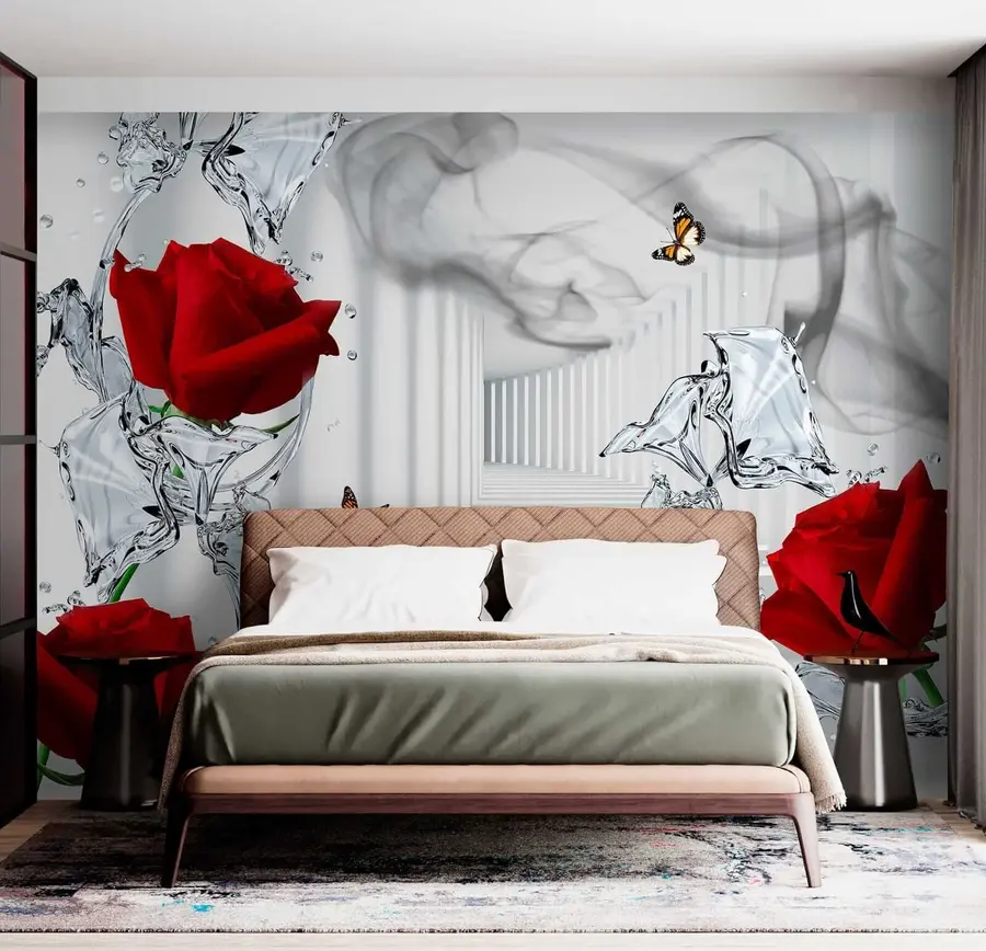 murales de pared Rosas rojas y salpicaduras de agua u41092