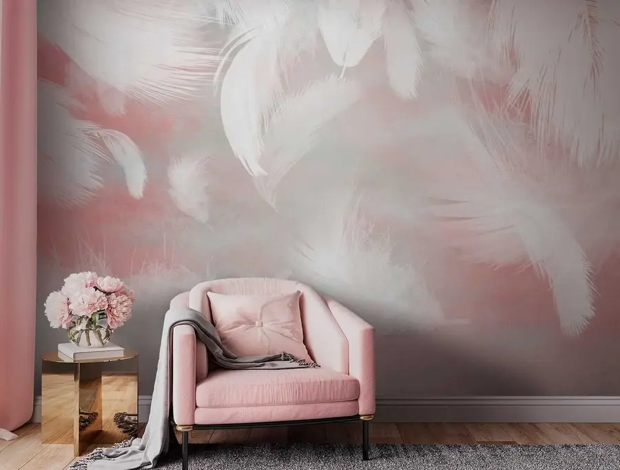murales de pared Plumas blancas sobre fondo rosa u41755