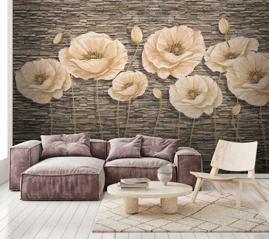 murales de pared Flores en el fondo de un muro de piedra u41855