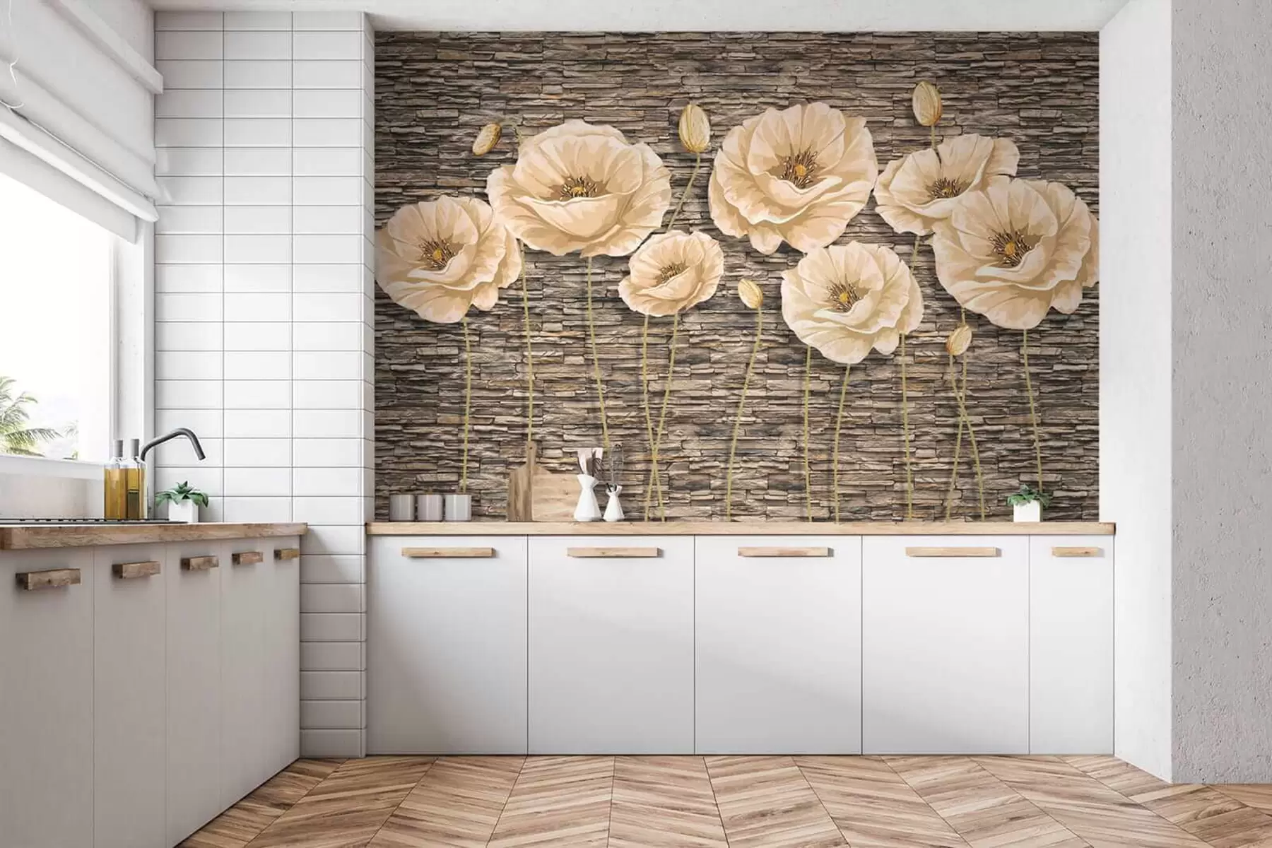 murales de pared Flores en el fondo de un muro de piedra u41855