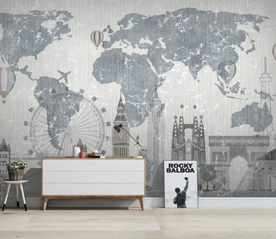 murales de pared Mapamundi en tonos grises u53138