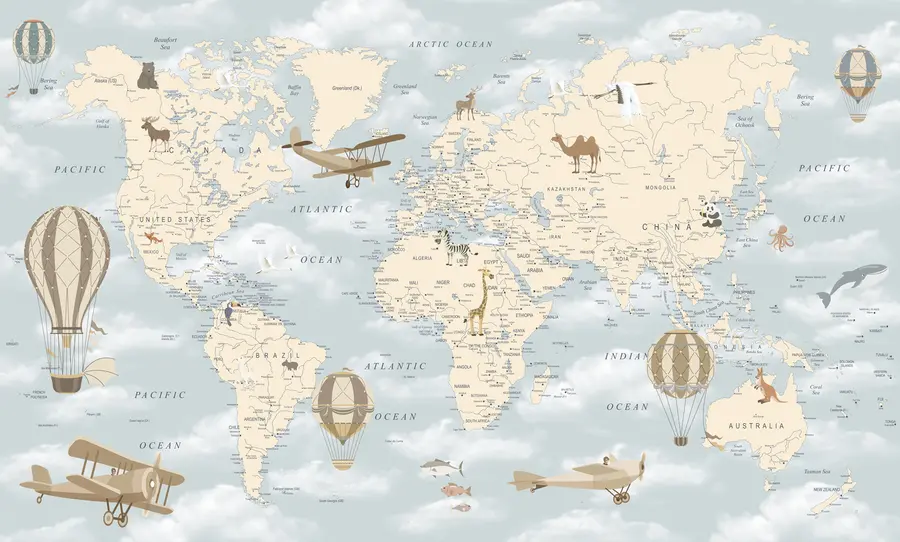 murales de pared Mapa infantil del mundo con aviones u60135