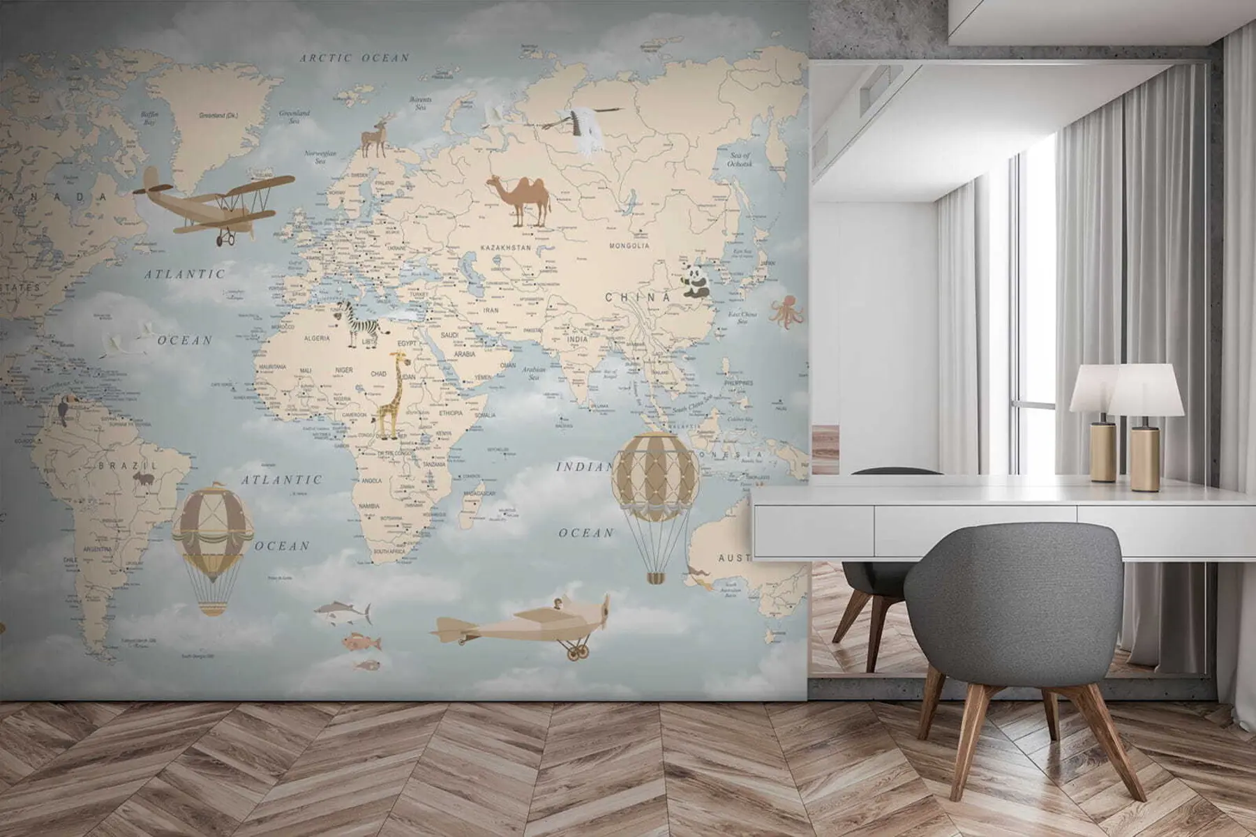 murales de pared Mapa infantil del mundo con aviones. u60135