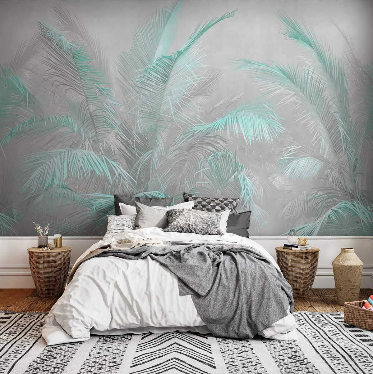 murales de pared Hojas de turquesa sobre un fondo gris u78557