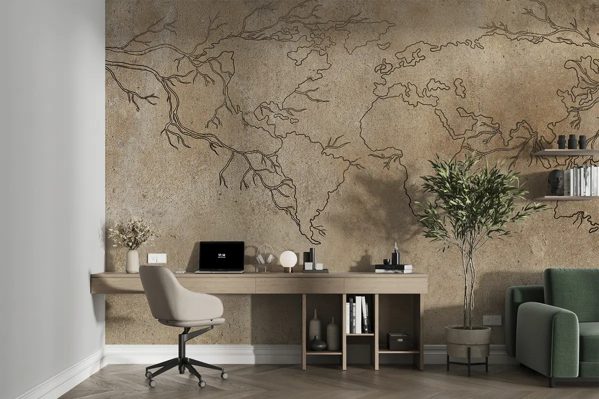murales de pared Mapa del mundo, ramas de árboles, dibujo lineal, minimalismo, fondo de naturaleza, beige u99736