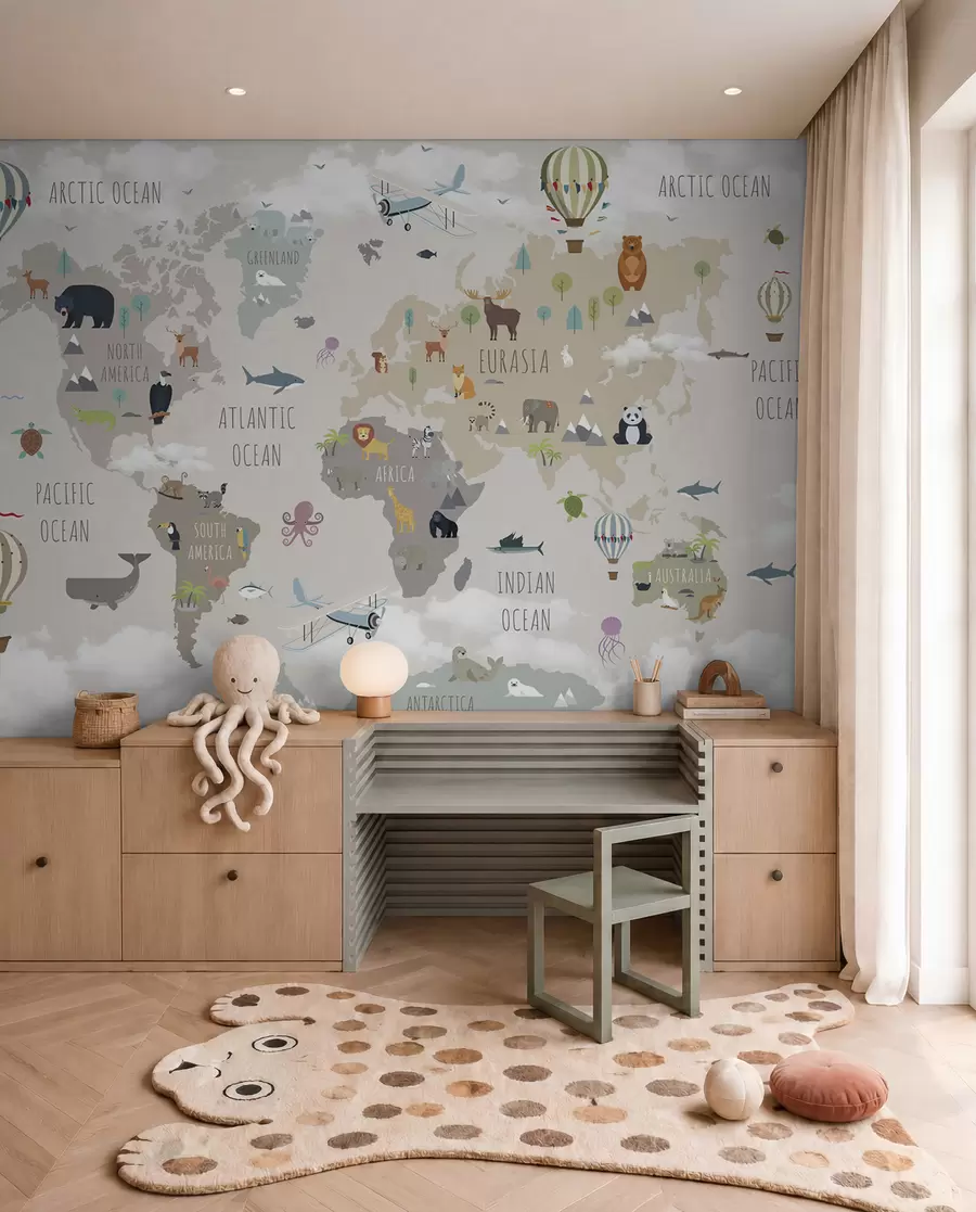 murales de pared Mapamundi con animales y globos u96461d2