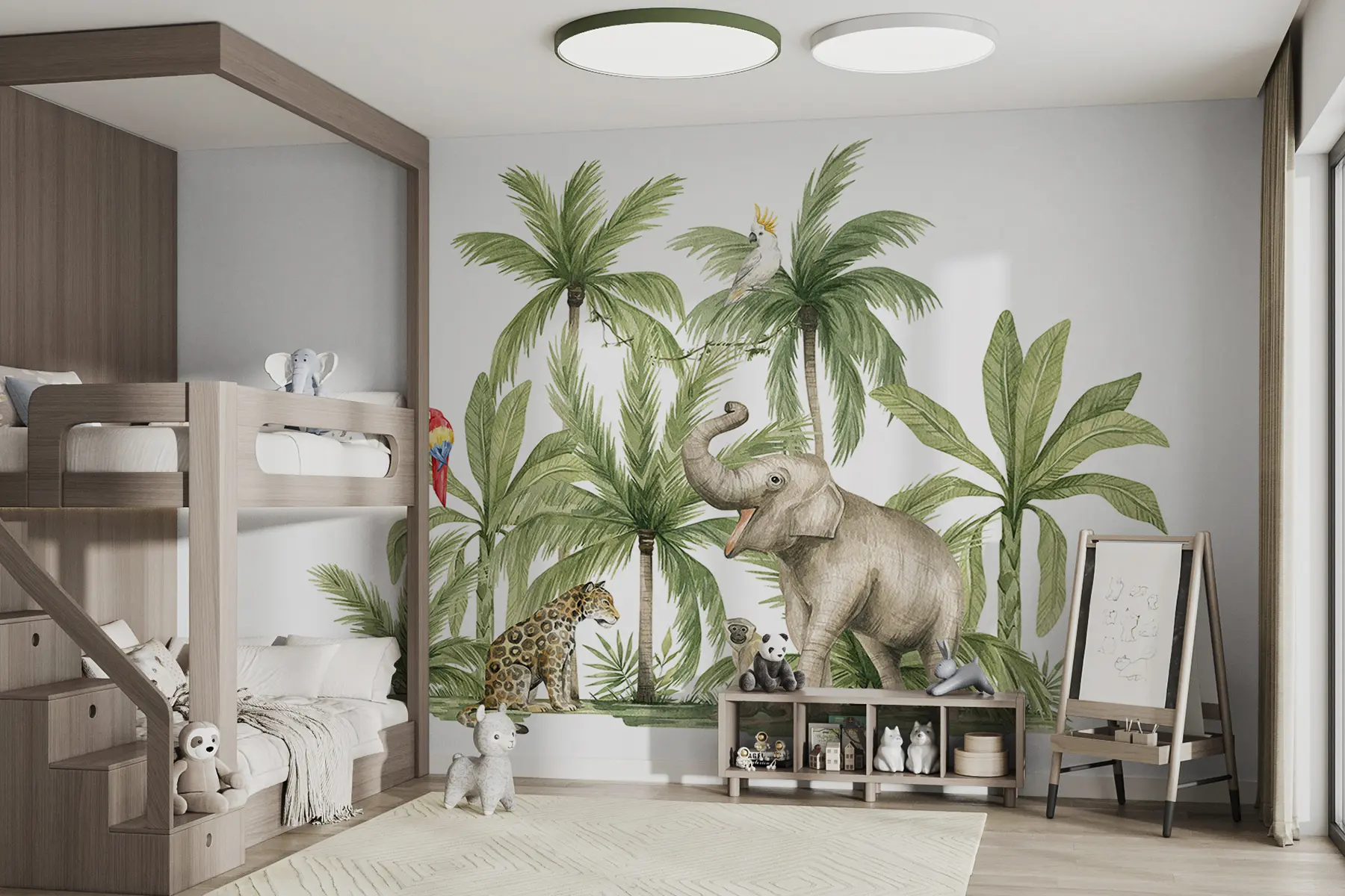 murales de pared Animales de safari, elefante, leopardo, mono, palmeras, dibujo a lápiz, loros w00084