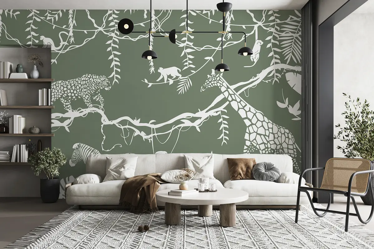 murales de pared Arte abstracto de la selva, lianas, leopardo, jirafa, monos, palmeras, monstera, verde y blanco w00087v1