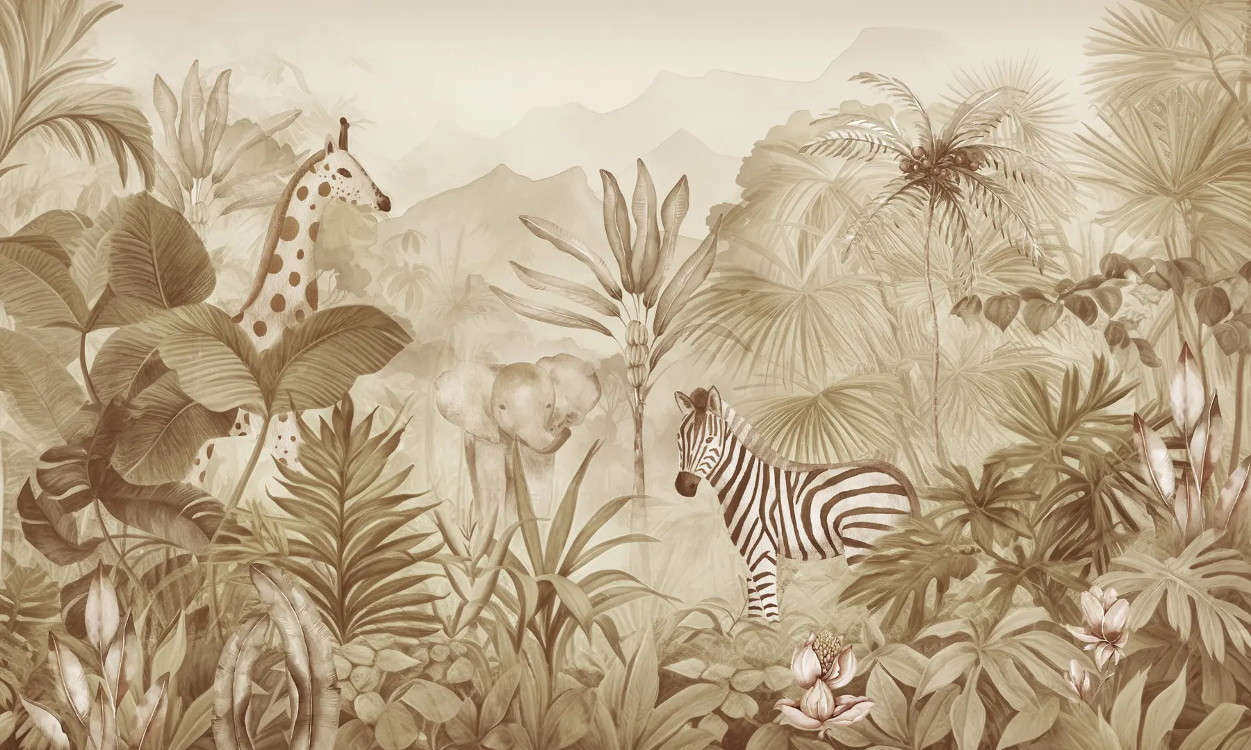 murales de pared Selva, palmeras, jirafa, elefante, cebra, acuarela, color beige, platanero, flores w00089v1