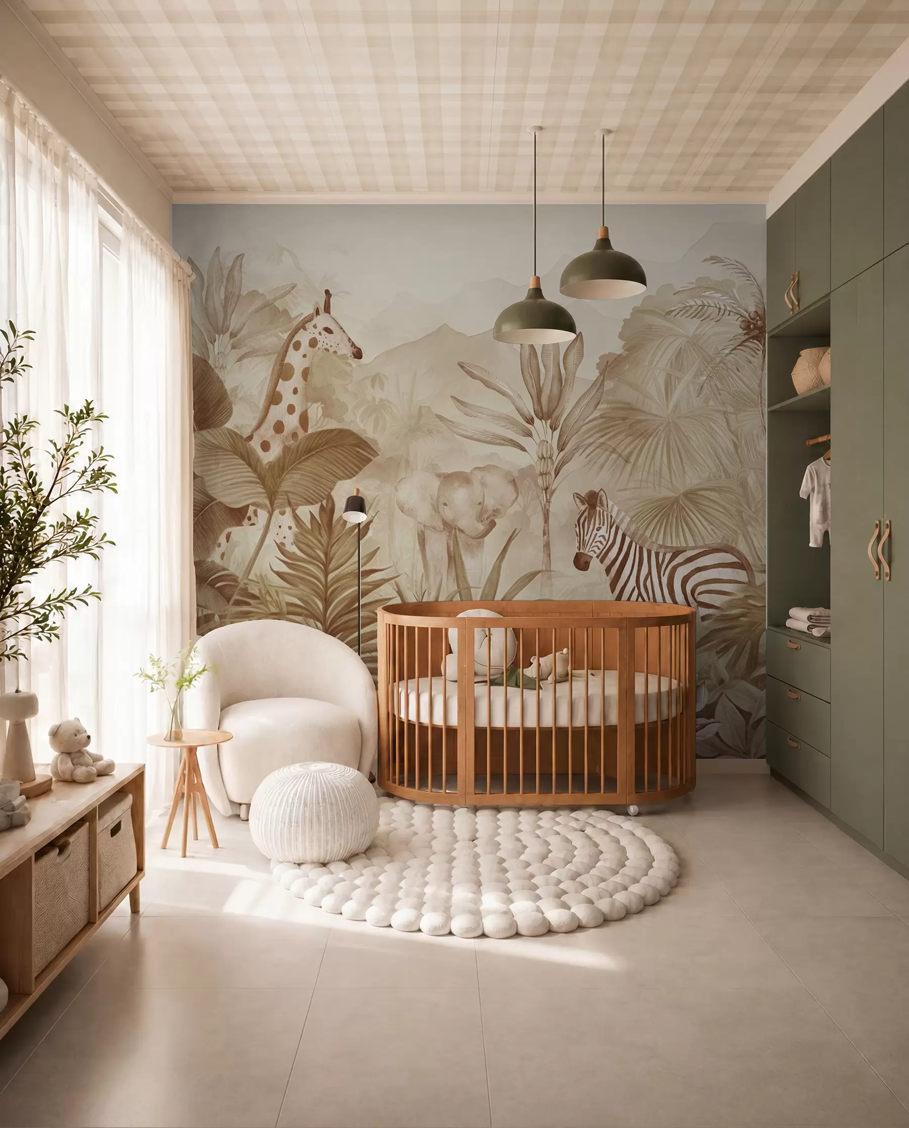murales de pared Selva, palmeras, jirafa, elefante, cebra, acuarela, color beige, platanero, flores w00089v1