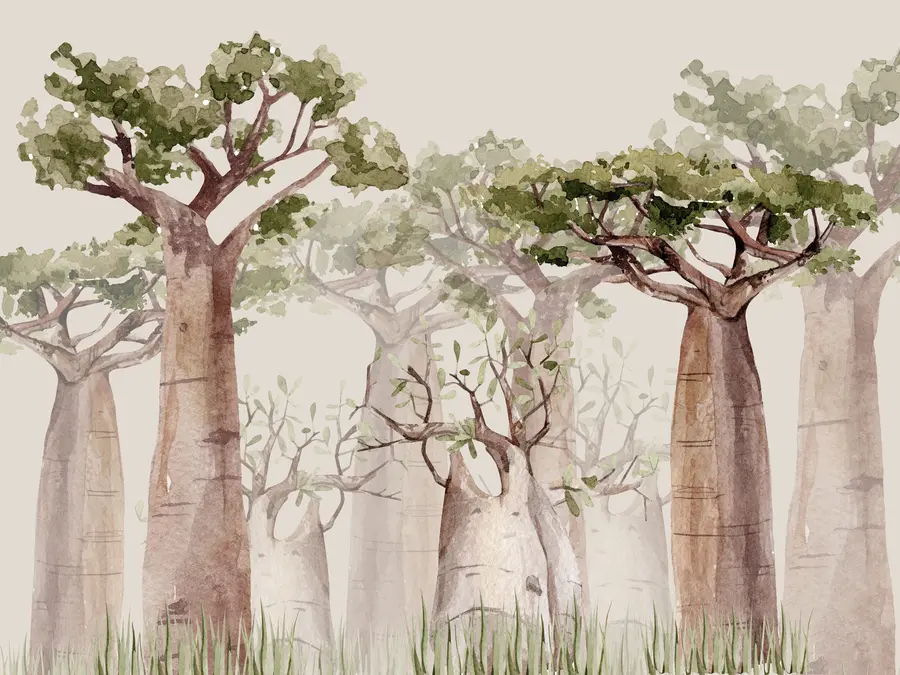 murales de pared Árbol baobab, tema safari, bosque, colores beige y verde w00082