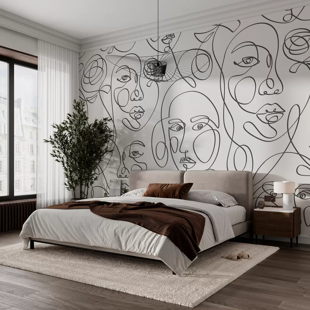 murales de pared Las siluetas de rostros con líneas gráficas de estilo boho son una nueva tendencia w00130