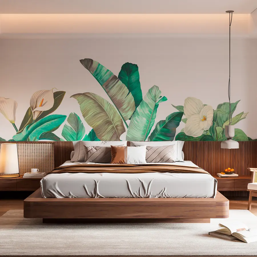 murales de pared Follaje tropical de moda con flores en color w00186v1