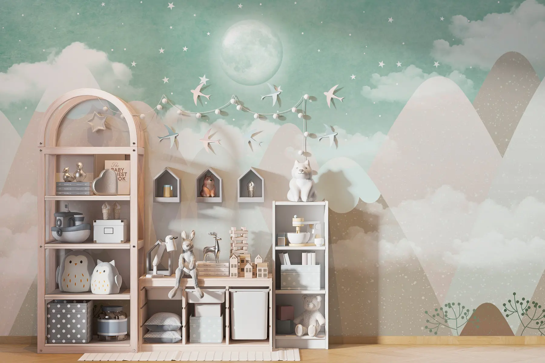 murales de pared Luna sobre montañas nevadas ilustración infantil en verde w00374v3