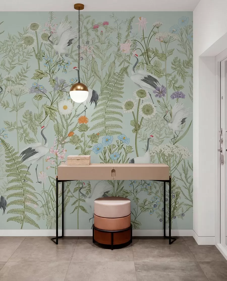 murales de pared Adorno de flores con pájaros, estilo rústico, botánico, prado, fondo azul w00380v4