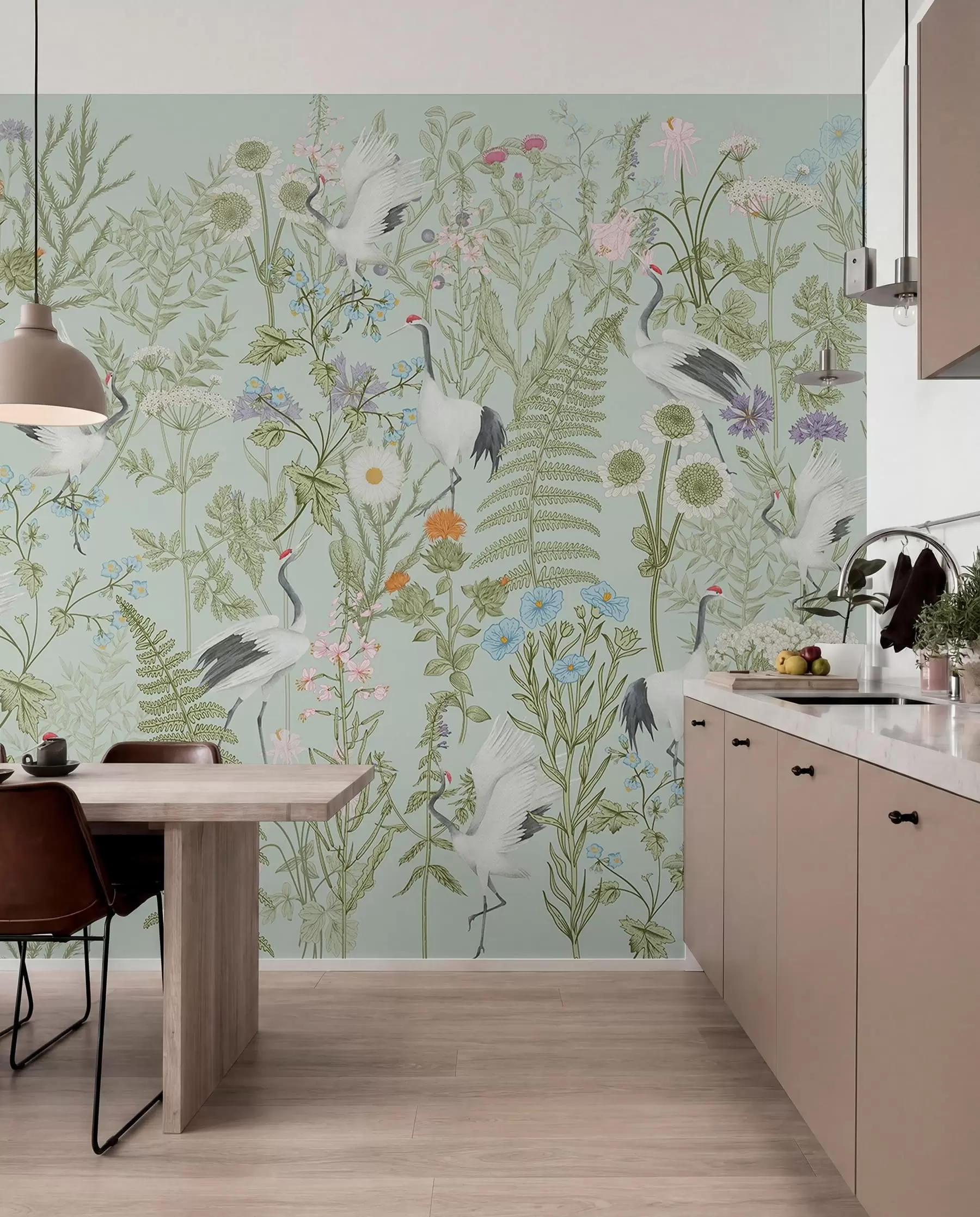 murales de pared Adorno de flores con pájaros, estilo rústico, botánico, prado, fondo azul w00380v4