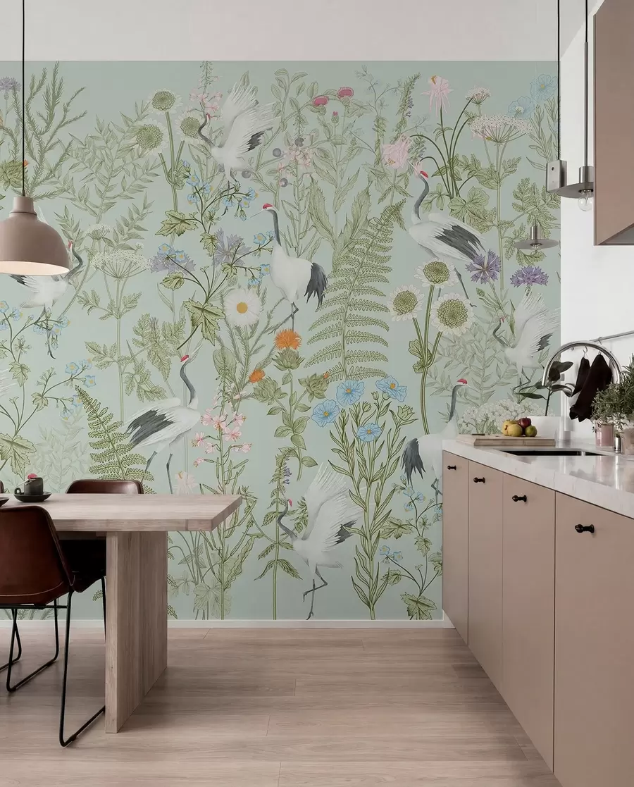 murales de pared Adorno de flores con pájaros, estilo rústico, botánico, prado, fondo azul w00380v4