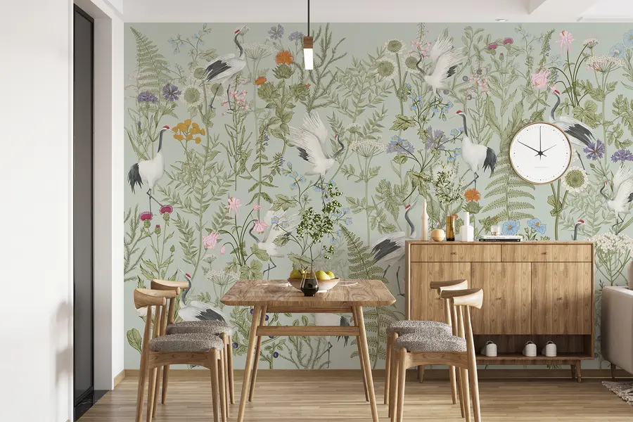 murales de pared Adorno de flores con pájaros, estilo rústico, botánico, prado, fondo azul w00380v4