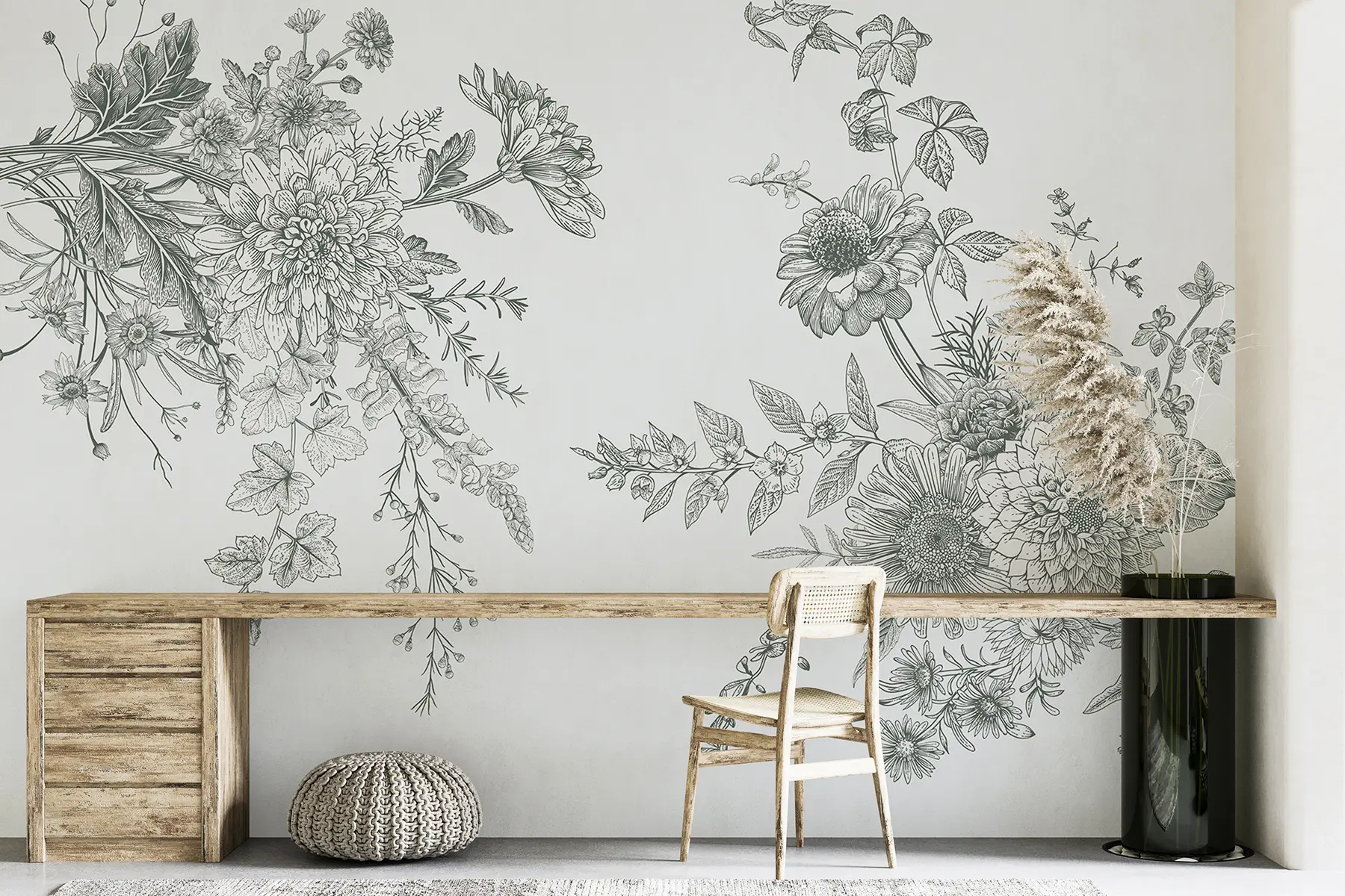 murales de pared Adorno floral, minimalismo, arte lineal, estilo boho, rústico, peonía, margarita, colores azules, prado w00381v3