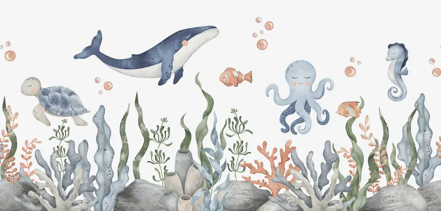 murales de pared Mundo submarino con ballenas, pulpos y tortugas w00383
