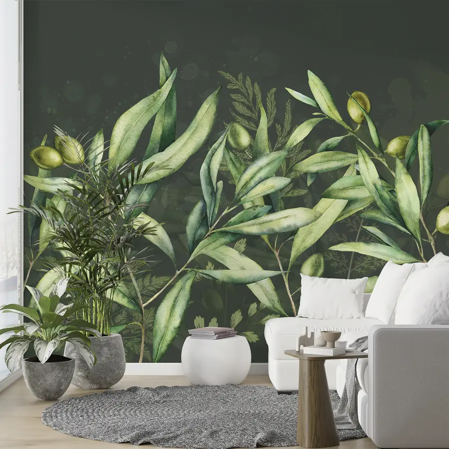 murales de pared Ilustración de aceitunas, diseño floral, tropical, acuarela, hojas grandes, fondo oscuro  w00407v4