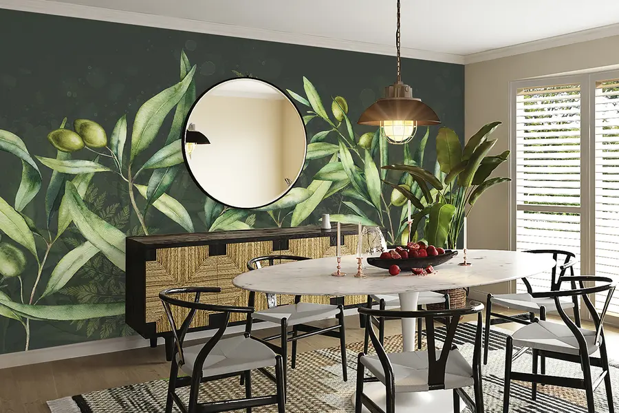 murales de pared Ilustración de aceitunas, diseño floral, tropical, acuarela, hojas grandes, fondo oscuro  w00407v4