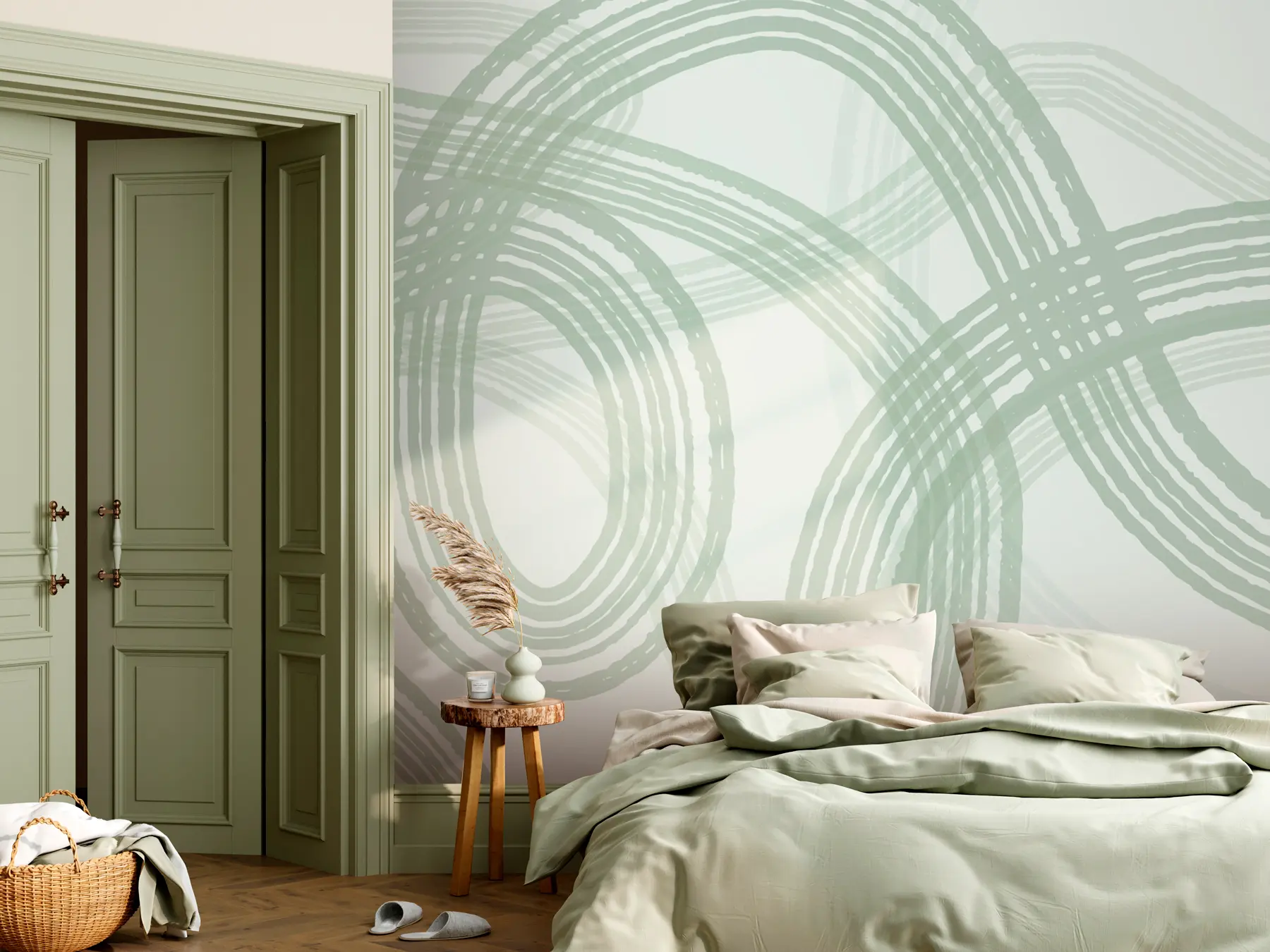 murales de pared Líneas abstractas estilo boho color verde. w00417v2