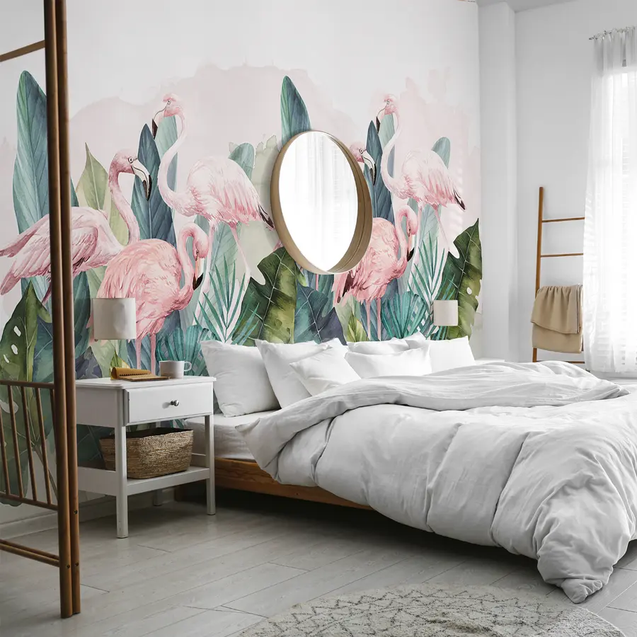 murales de pared Flamencos en hojas tropicales, acuarela, colores rosa y verde w00505