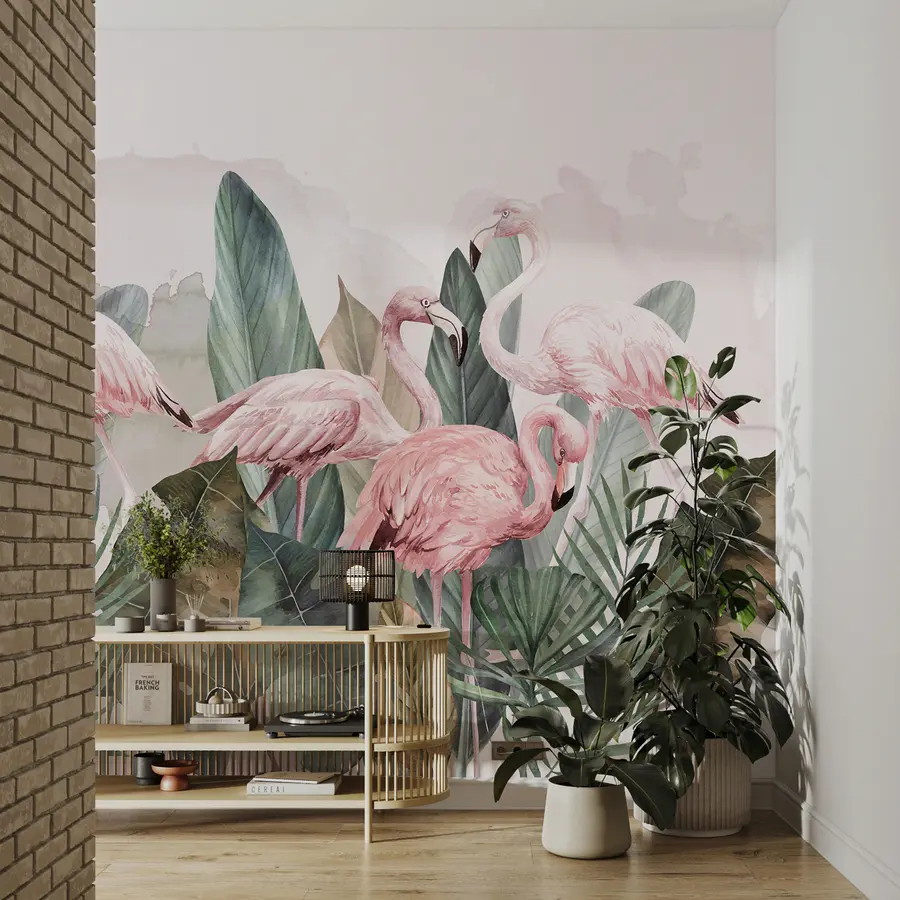 murales de pared Flamencos en hojas tropicales, acuarela, colores rosa y oliva w00505v1