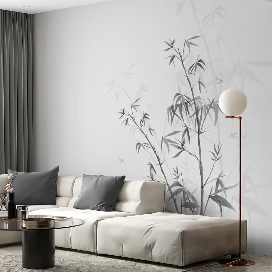 murales de pared Minimalismo estilo Japandi planta de bambú Chinoiserie color gris w00546v1