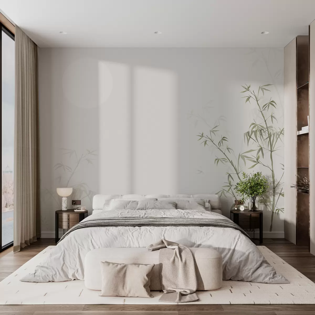 murales de pared Minimalismo estilo Japandi planta de bambú y sol Chinoiserie color verde w00547