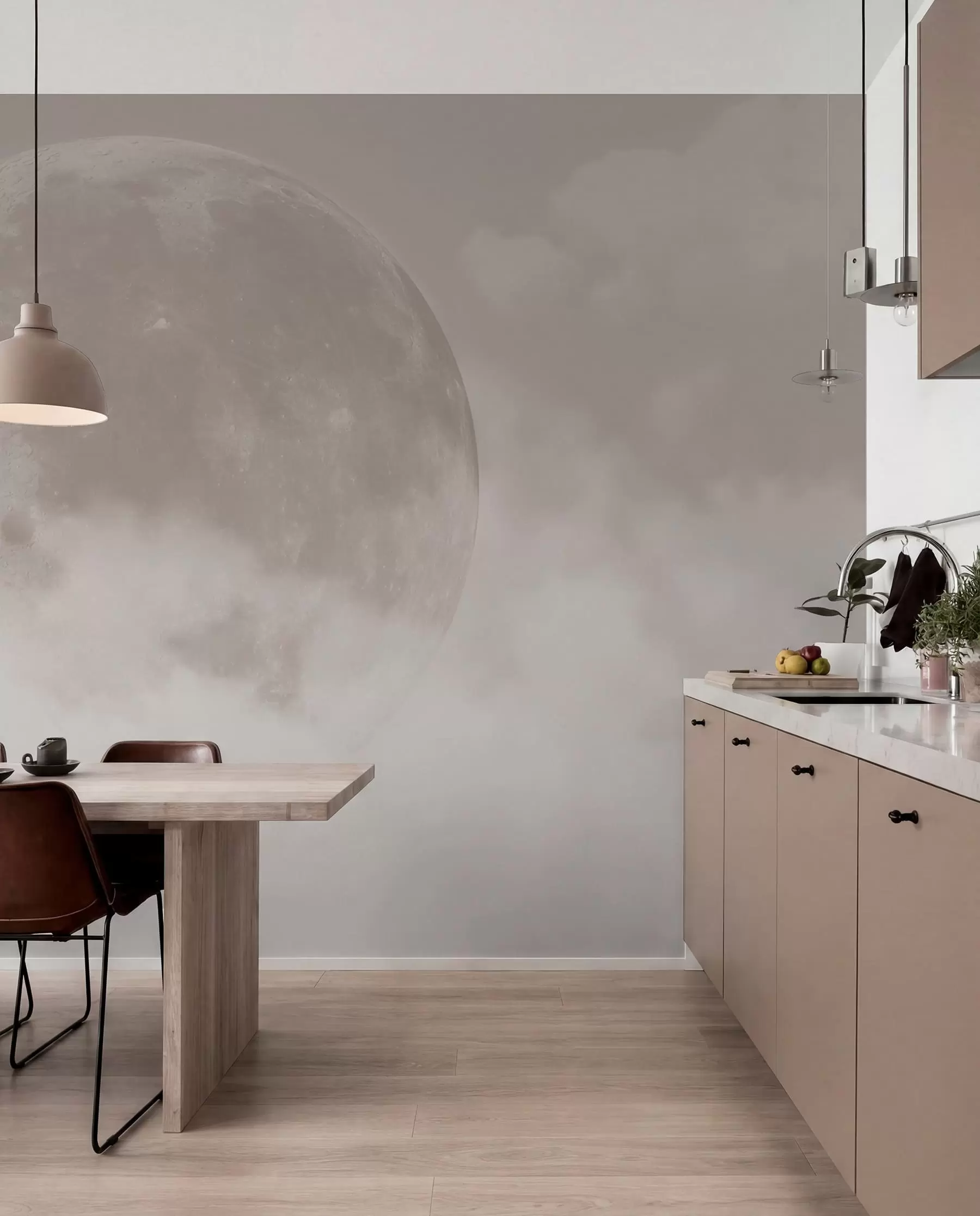 murales de pared Gran luna entre las nubes de color beige estilo loft w00548