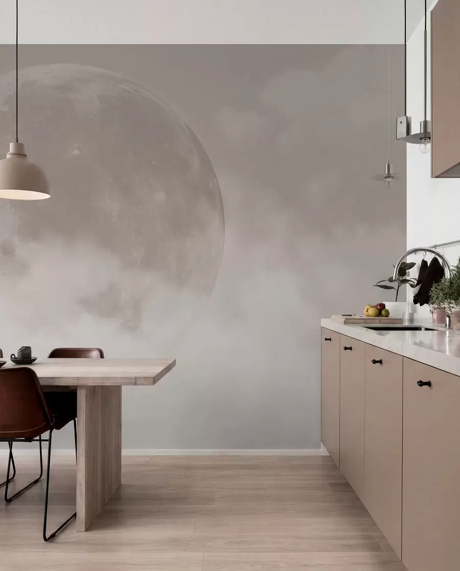 murales de pared Gran luna entre las nubes de color beige estilo loft w00548