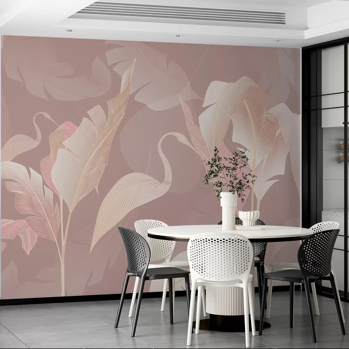 murales de pared Garza y hojas sobre fondo rosa suave w00538v1