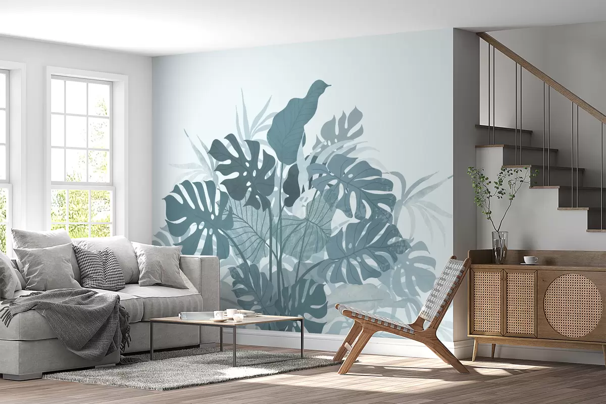 murales de pared composición de grandes hojas tropicales, color azul w00607v1