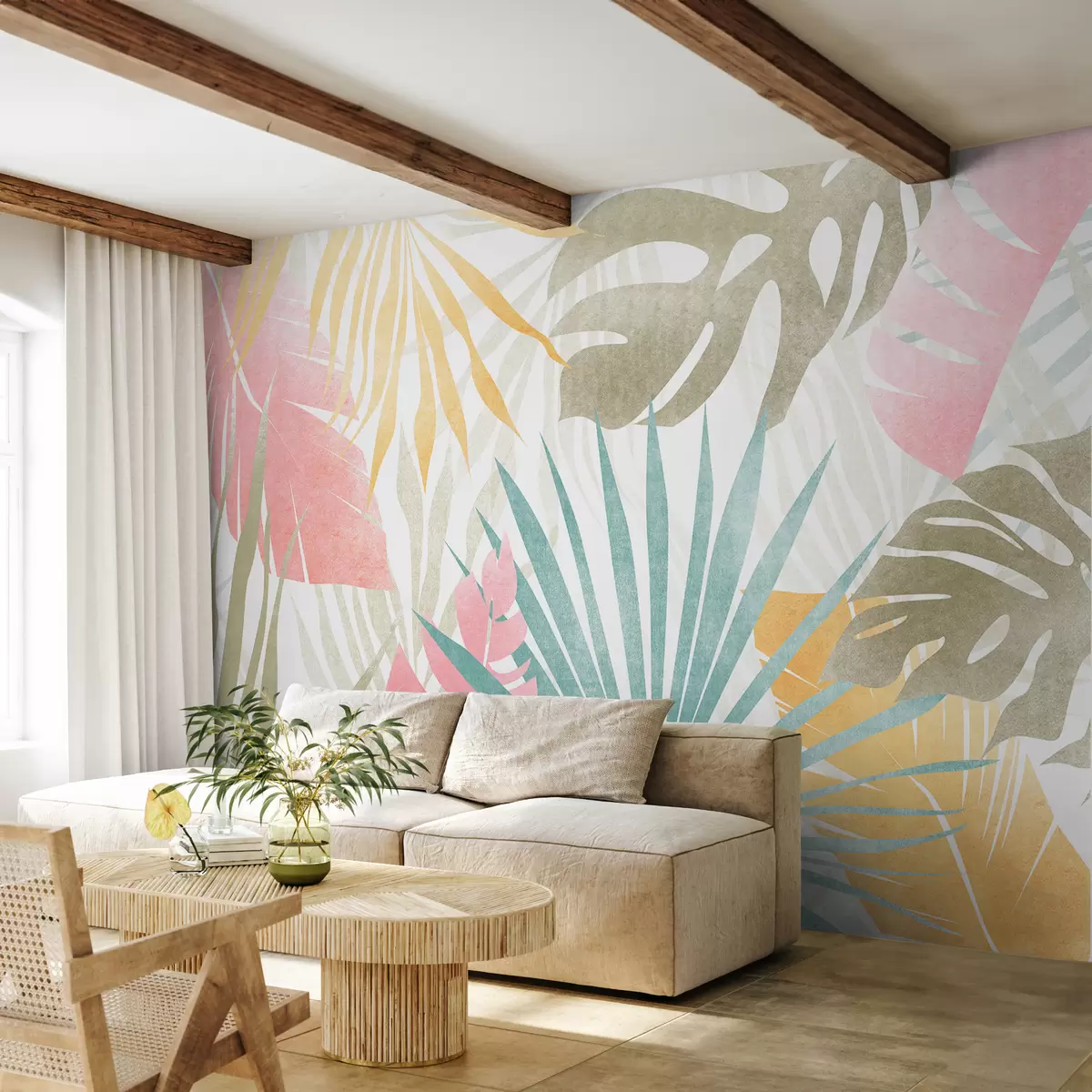 murales de pared Hojas de palma, monstera, follaje tropical, textura azul, rosa, amarillo, color gris w00675