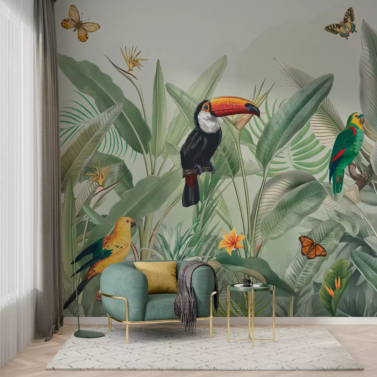 murales de pared Aves exóticas loro hojas de strompe gris w00635d1