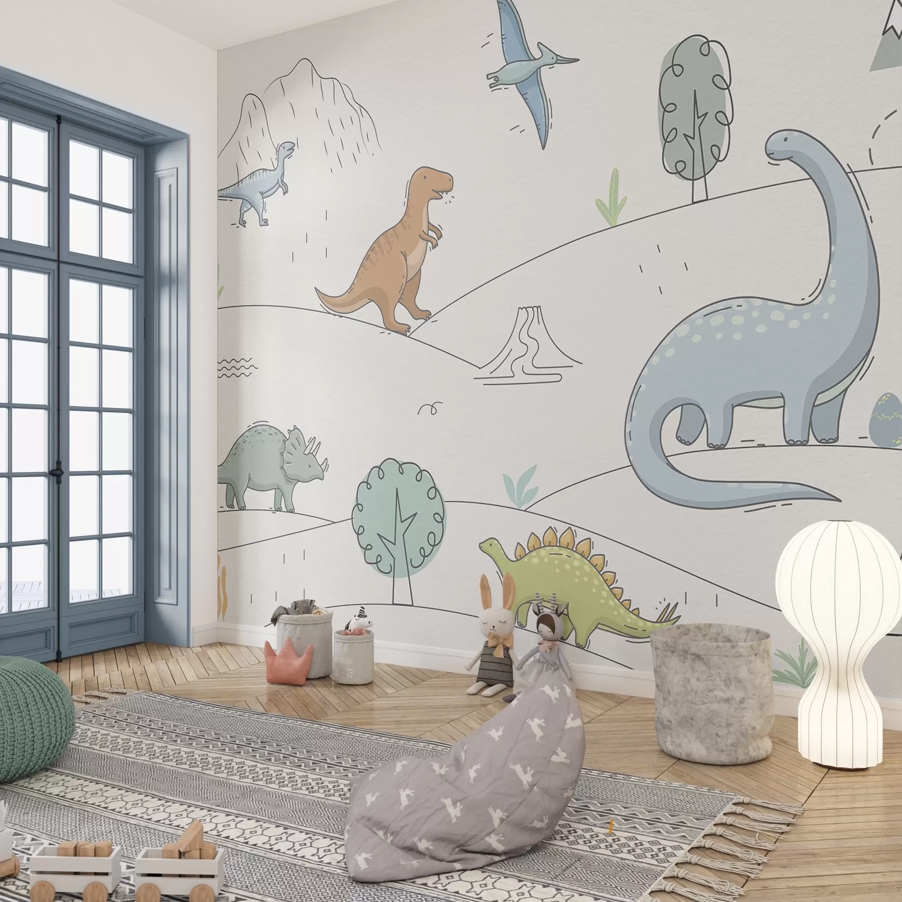 murales de pared Dinosaurios coloridos en las colinas w00637