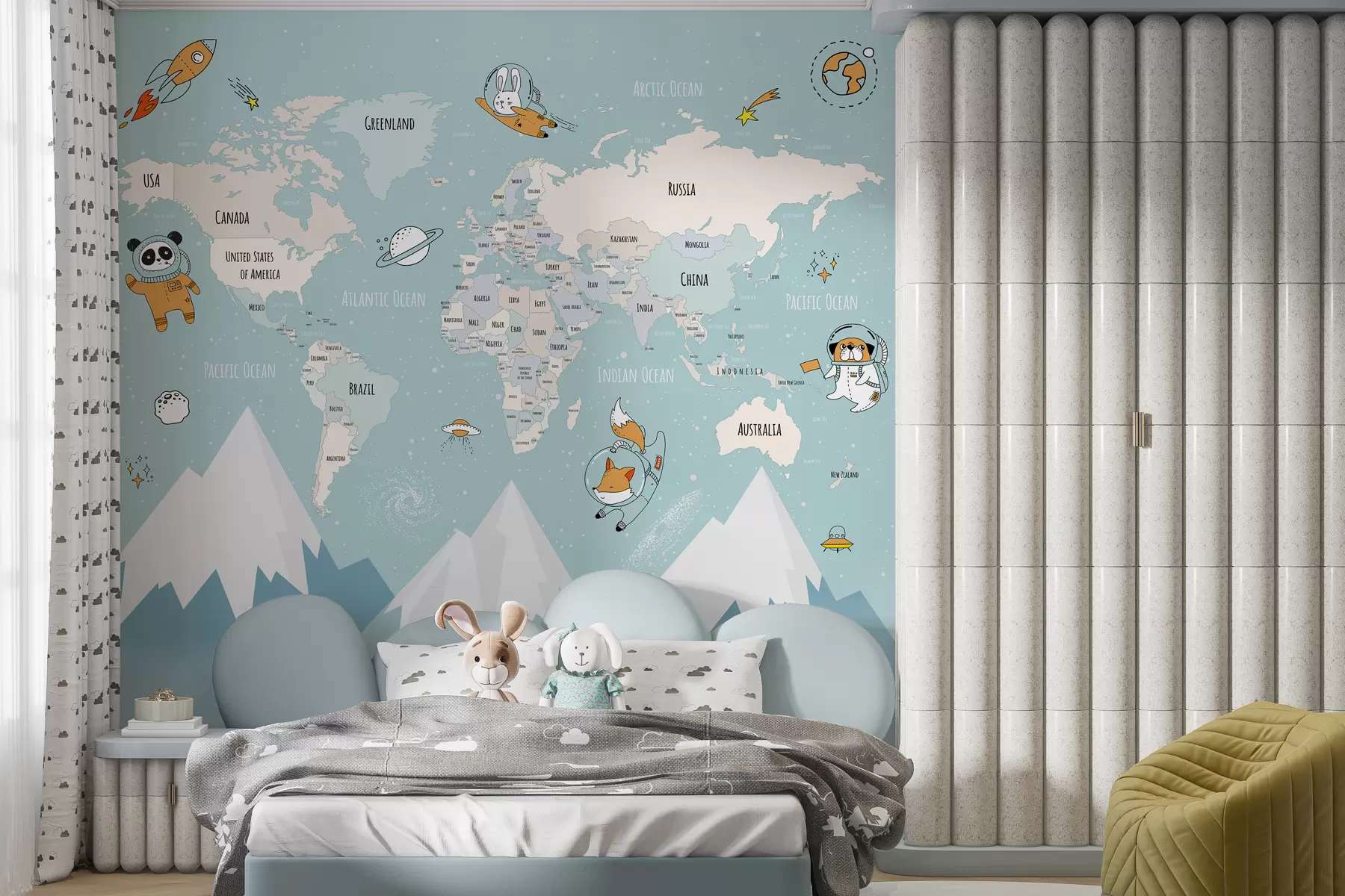 murales de pared Mapa de países del mundo con animales astronautas. w00066d1